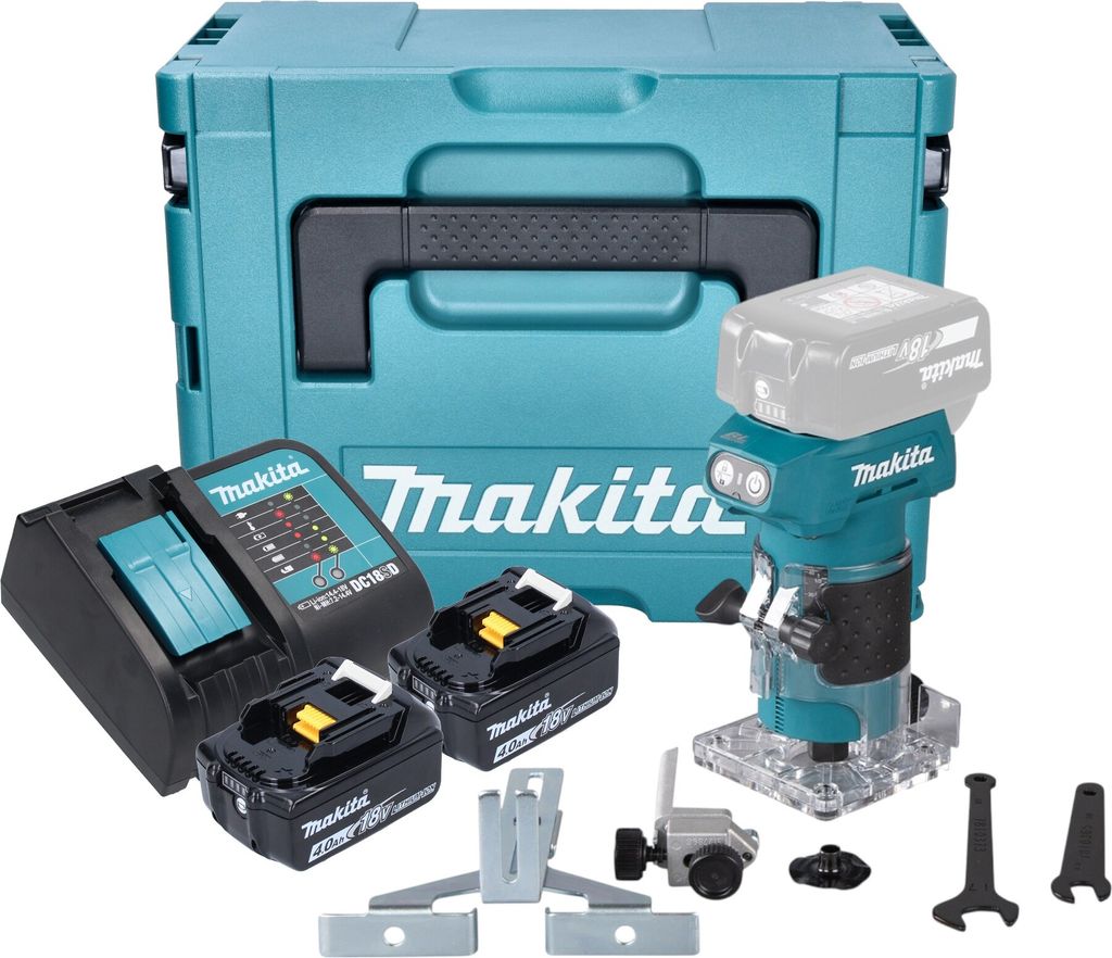 Makita DRT 52 SMJ Akku Kantenfräse 18 V 6 mm Brushless + 2x Akku 4,0 Ah + Ladegerät + Makpac