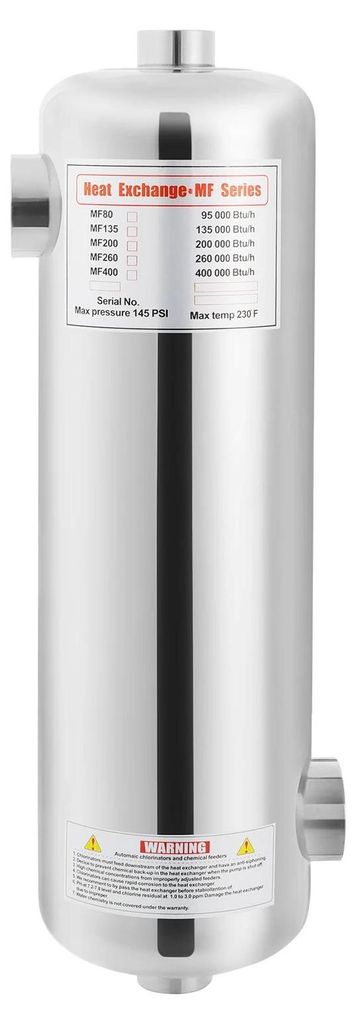 Schwimmbad Wärmetauscher - Poolheizung 60 kW 200000 BTU/h - Edelstahl 304 - 55 GPM 250 l/min - Für Salzwasserpool & Whirlpool - Max 110 °C - Silber