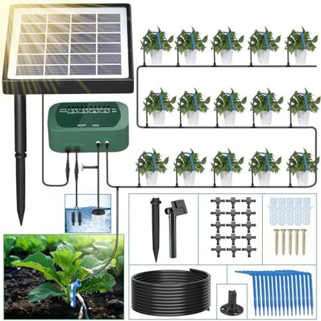 Soulbay Solarbewässerungssystem Timer, automatische Tropfschlauch -Pflanzenwässerungsset 150 cm Pumpengarten Balkon, Rasen, Topfpflanzen, Gemüse...