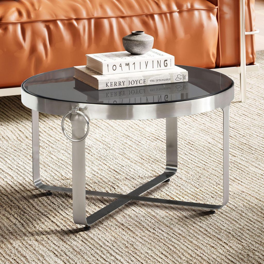 WOHNLING Couchtisch Glas Metall 60x60x34 cm Sofatisch Silber Wohnzimmertisch Rund mit Griffen Kleiner Kaffeetisch Modern Beistelltisch Anstelltisch