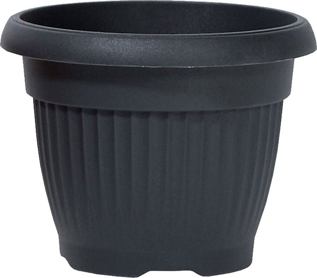 A dark gray plastic plant pot with a ribbed texture.