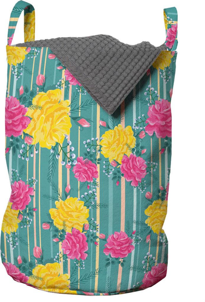 ABAKUHAUS Blume Wäschesack, Retro Rosen auf Streifen, Wäschekorb mit Griffen Kordelzugverschluss für Waschsalons, 33 cm breit x 49 cm hoch, Mehr...
