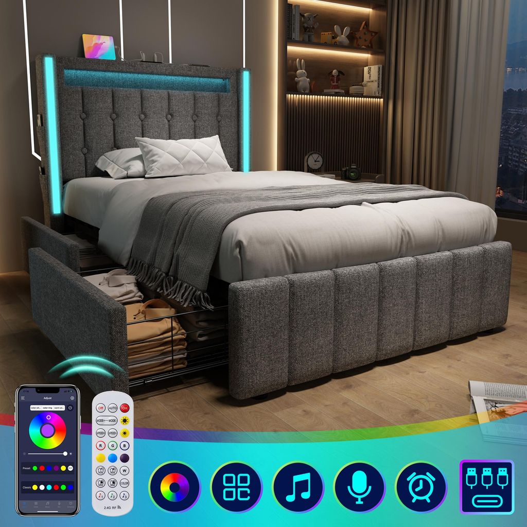 Polsterbett 90x200 cm mit LED & USB-C Ladefunktion Grau, Bettgestell mit Kopfteil & 2 Schubladen, Einzelbett Jugendbett Modern, Ohne Matratze