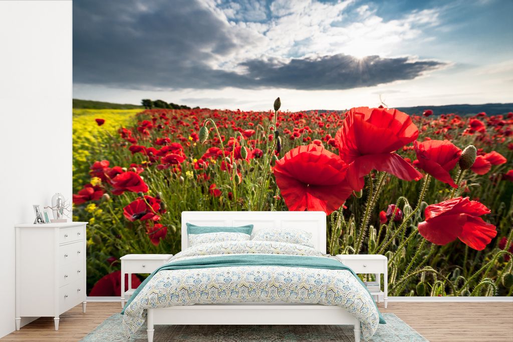 MuchoWow Fototapete für Wohnzimmer oder Schlafzimmer Wandtapete Vinyl Motivtapete Mohnblumen vor einem dramatischen, stürmischen Himmel - 360x2...