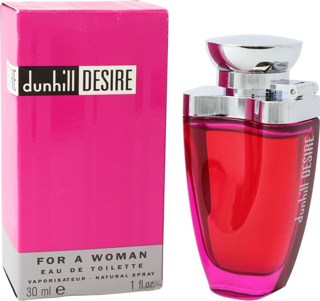 Dunhill Desire for a Woman Eau de Toilette in pink-rotem Flakon mit silberner Verschlusskappe neben passender pinker Verpackung mit Logo