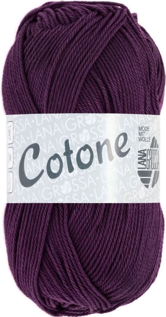 A ball of purple yarn with a label.