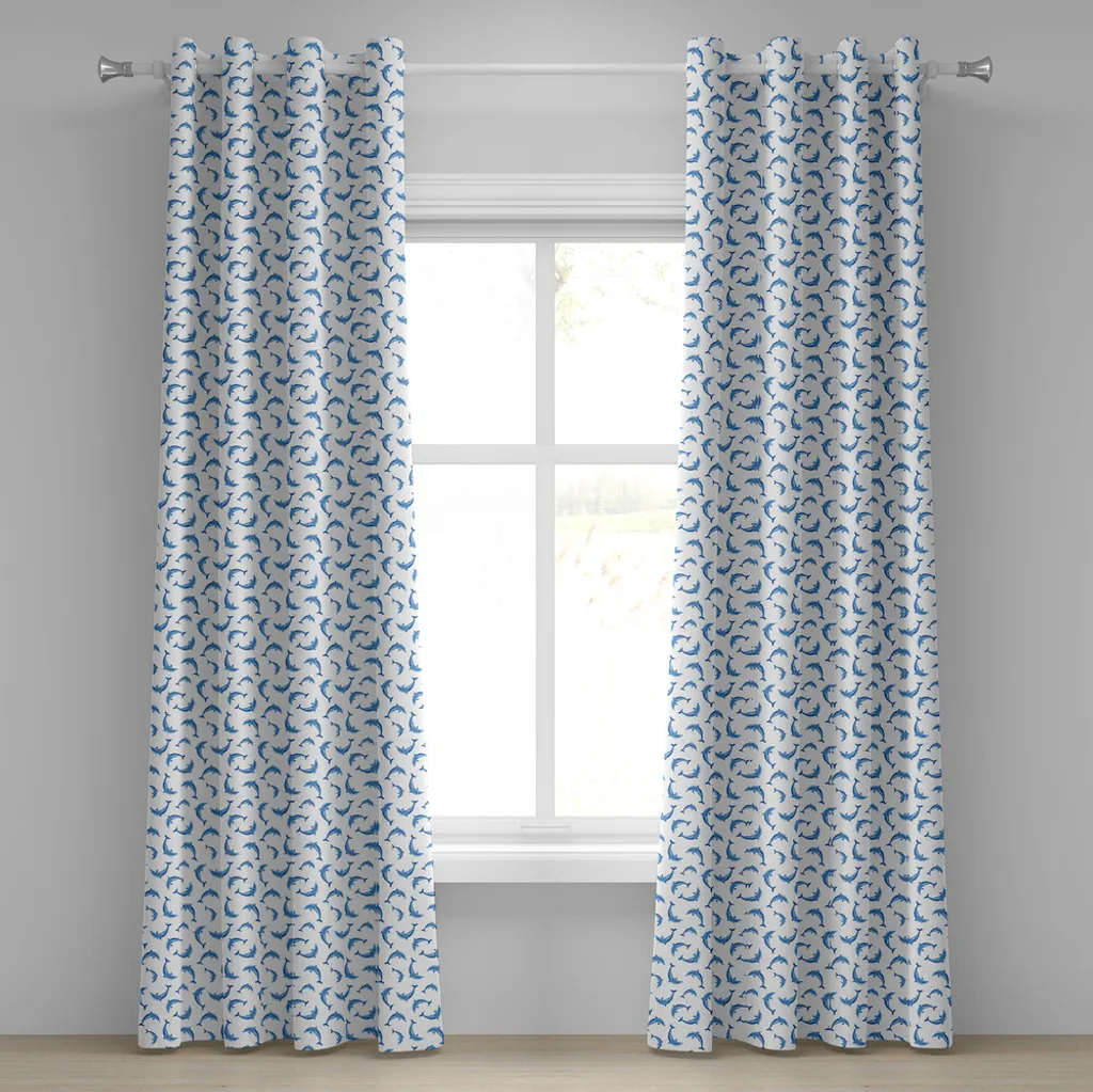 ABAKUHAUS Tenda con occhielli con motivi marini, motivo con delfini tra gli animali marini che nuotano Creature acquatiche, tende decorative a 2 pannelli, 280 cm x 175 cm, blu e bianco