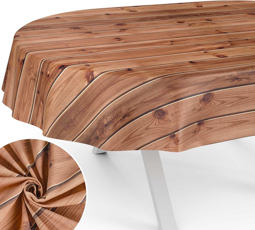 Tischdecke Holz aus Textil mit Exclusiven Motiven wasserabweisend Tischtuch Tischwäsche Aquarell Braun Oval Breite 140cm Länge 180cm mit Schnittk...