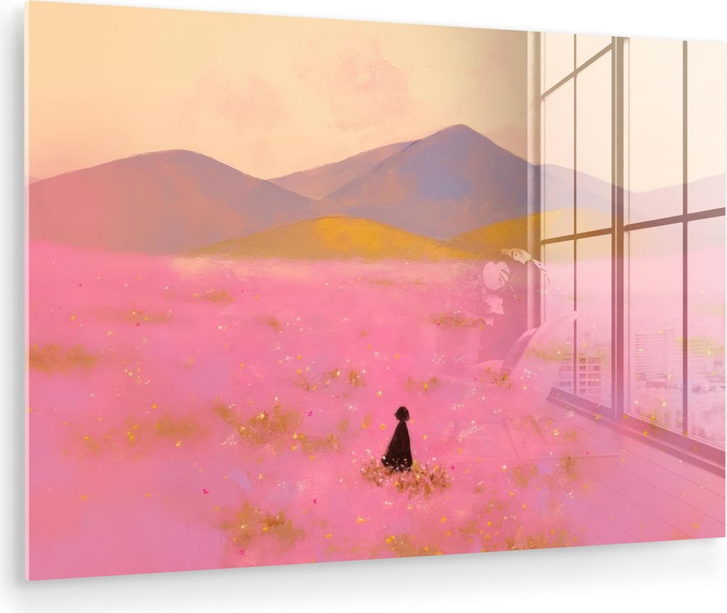 MuchoWow Glasbilder - Bilder auf Wandbild - Foto auf Glas Blumenwiese - Hügel - Scherenschnitt - Rosa 90x60 cm Wanddekoration aus Glas - Acrylglas...