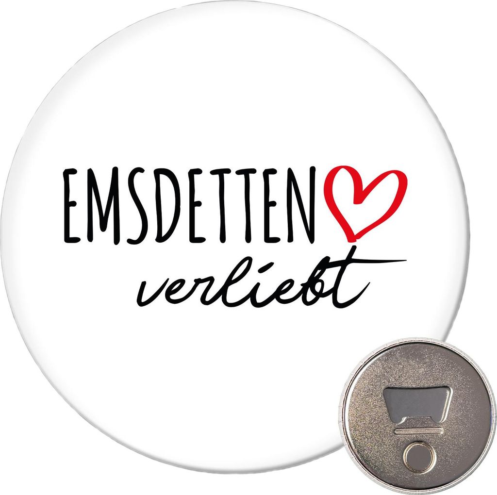 Huuraa Magnet Emsdetten verliebt 59mm Kühlschrankmagnet rund Flaschenöffner Geschenkidee