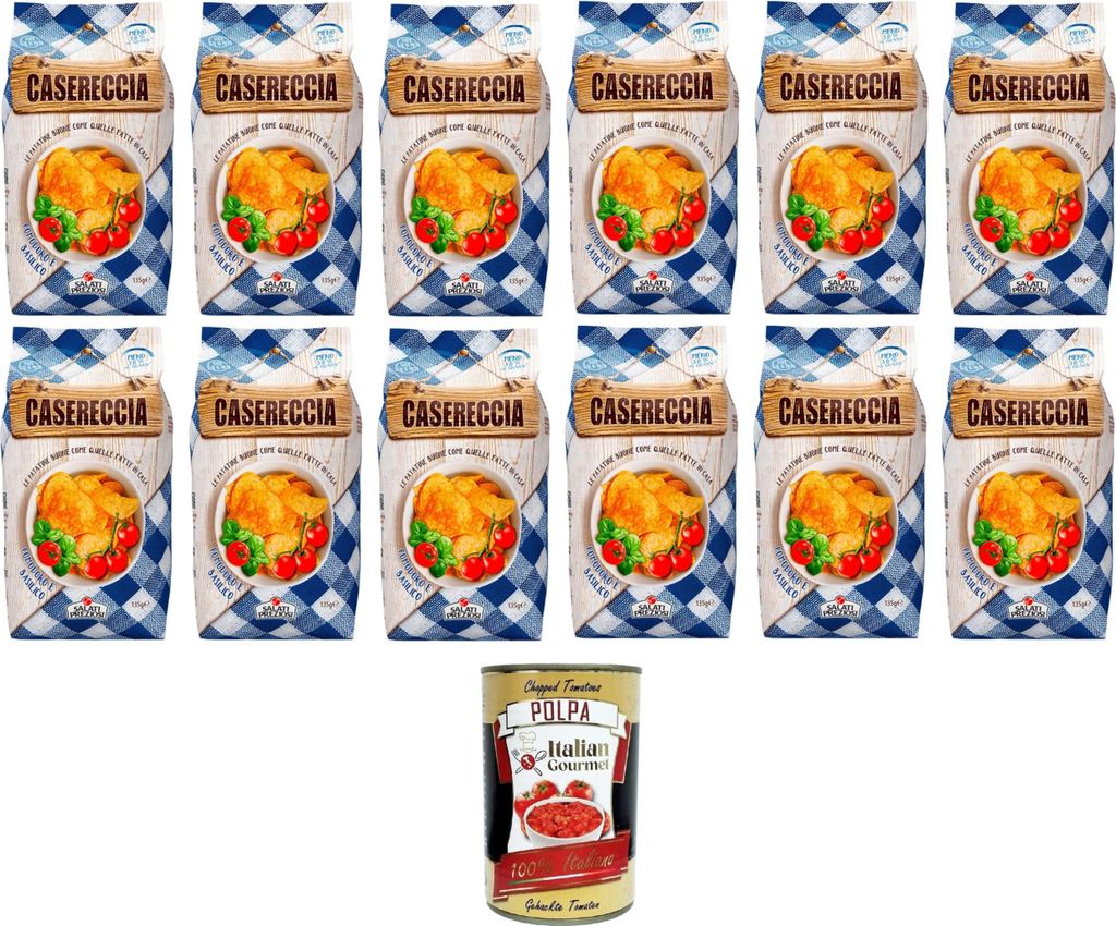 Salati Preziosi Casereccia Pomodoro e Basilico, patatine al gusto di Pomodoro e Basilico Chips mit Tomate und Basilikum 12x135gr +Italian Gourmet p...