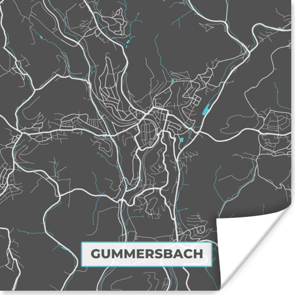 MuchoWow Poster Deutschland - Blau - Gummersbach - Stadtplan - Karte 30x30 cm - Wandposter - Printing