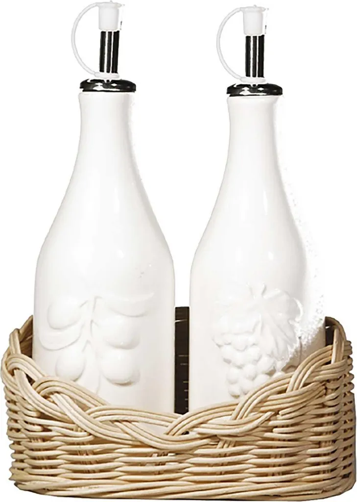 Support huile et vinaigre pour table de jardin en osier et porcelaine
