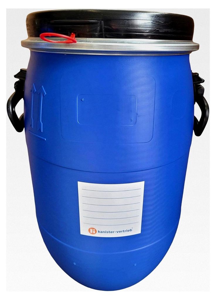 30 Liter Weithalsfass, Deckelfass, Spannringfass in schwarz, blau, grün + Etikett (Blau)