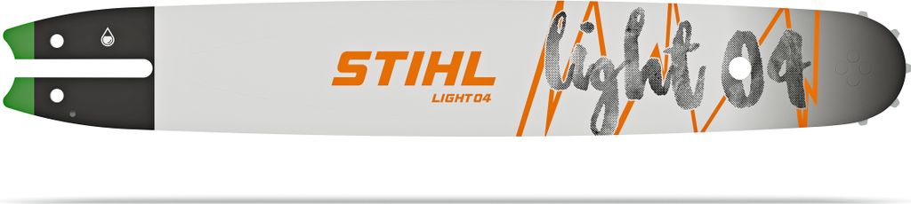 A STIHL chainsaw guide bar is shown against a white background.