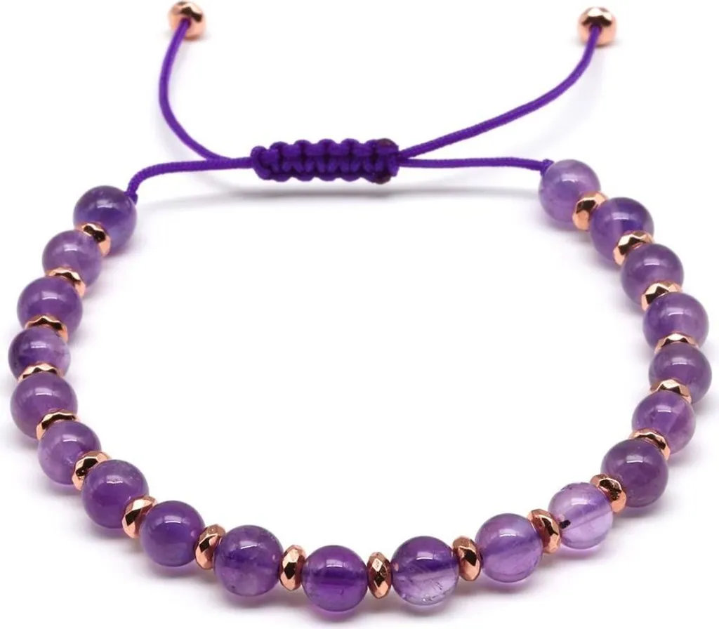 Bracelet en améthyste naturelle et perles de 6 mm en macramé ajustable