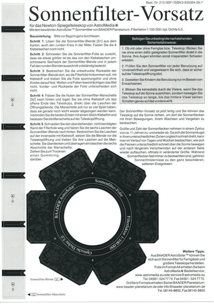 Sonnenfilter Vorsatz für das Newton Spiegelteleskop Produktbild 