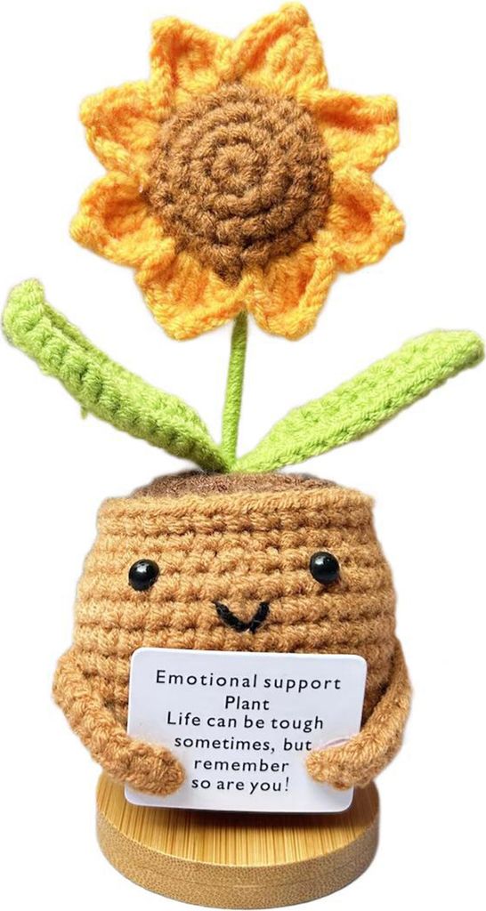 Gehäkelte Sonnenblumenpuppe, emotionale Inspirationsunterstützung, Topfpflanzenpuppe, handgemachte inspirierende Puppe mit positiver Karte als Au...