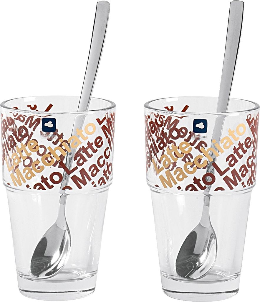 Leonardo Latte Macchiatto Becher 'Café Latte Solo' mit Löffel, 400ml, Ø 8,5 x 14cm (4er Set)