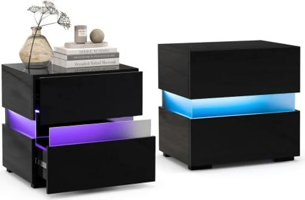 Table de chevet LED noir avec 2 tiroirs et télécommande - Modèle Nova - 2