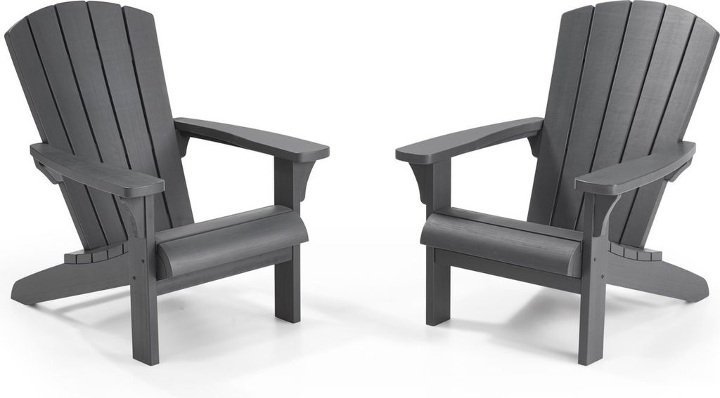 Two gray Adirondack chairs are shown from the front on a white background.