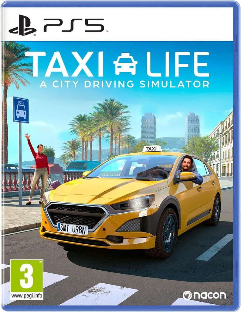 The image is a video game box art for 'Taxi Life: A City Driving Simulator' on PlayStation 5. It features a yellow taxi cab in the foreground with a driver and a passenger hailing the cab. The background shows a city skyline with palm trees.