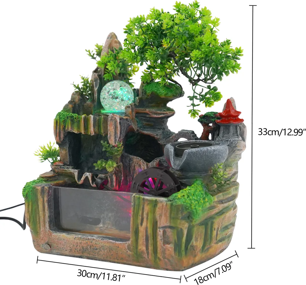 Greensen Indoor Springbrunnen Mit LED-Beleuchtung – Grauer Steindesign, Mit Nebelfunktion & Luftbefeuchtung