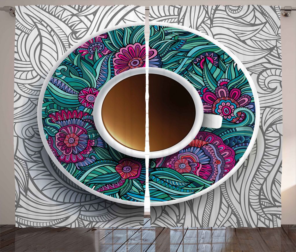 ABAKUHAUS Kaffee Rustikaler Gardine, Kaffee und Kräutertee, Schlafzimmer Kräuselband Vorhang mit Schlaufen und Haken, 280 x 245 cm, Mehrfarbig