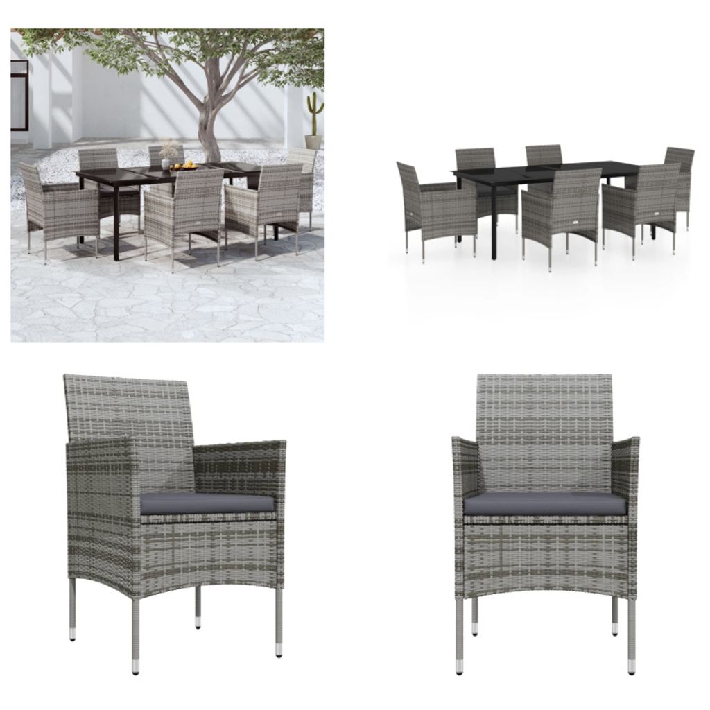 vidaXL 7 tlg. Garten Essgruppe mit Kissen Grau und Schwarz - Garten Essgruppe - Garten Essgruppen - Gartenmöbel Set - Garten Möbelset
