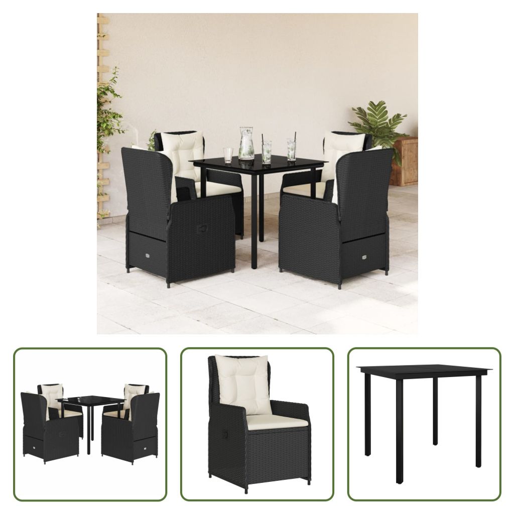 The Living Store 5-tlg. Garten-Essgruppe mit Kissen Schwarz Poly Rattan