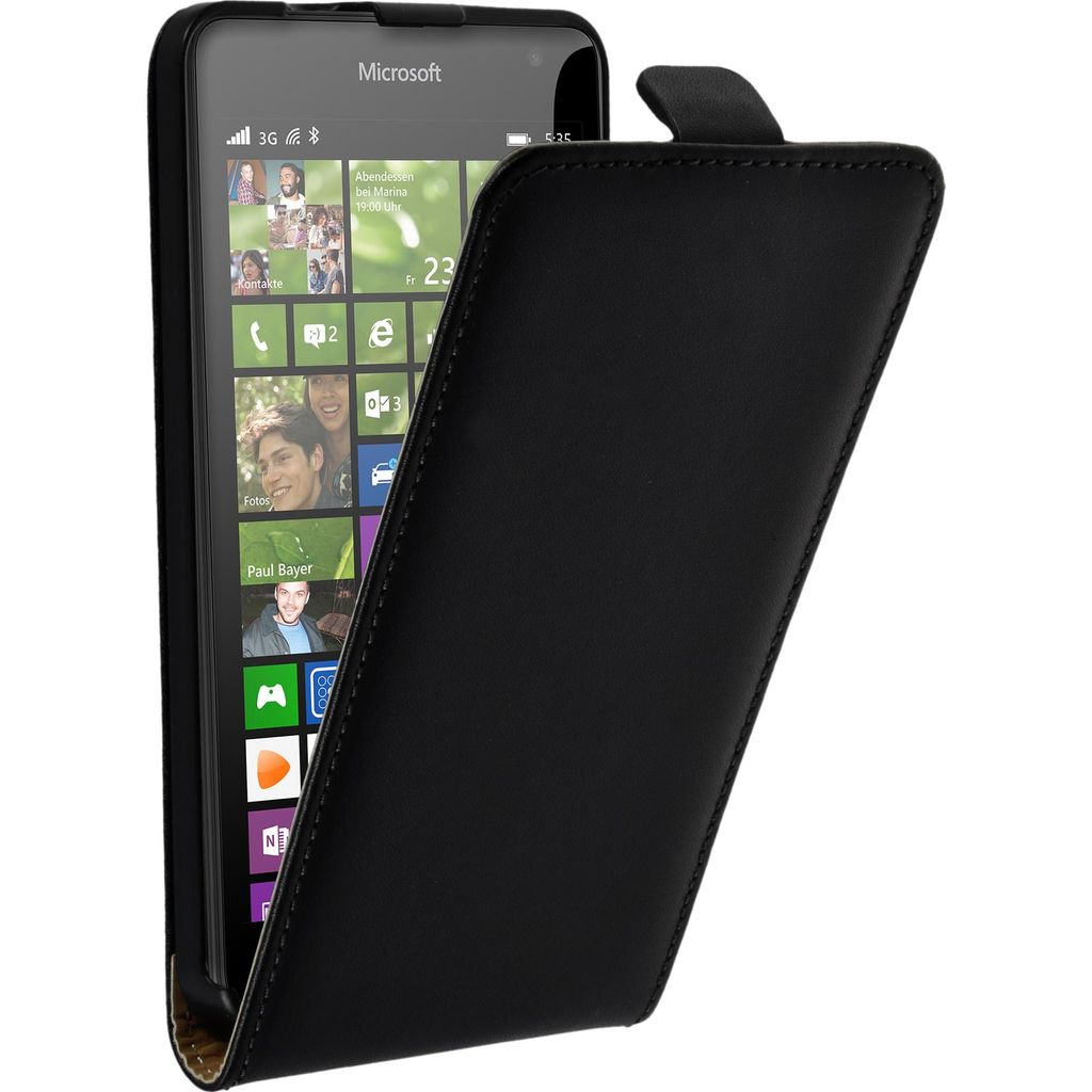 PhoneNatic Kunst-Lederhülle kompatibel mit Microsoft Lumia 535 - Flip-Case schwarz + 2 Schutzfolien