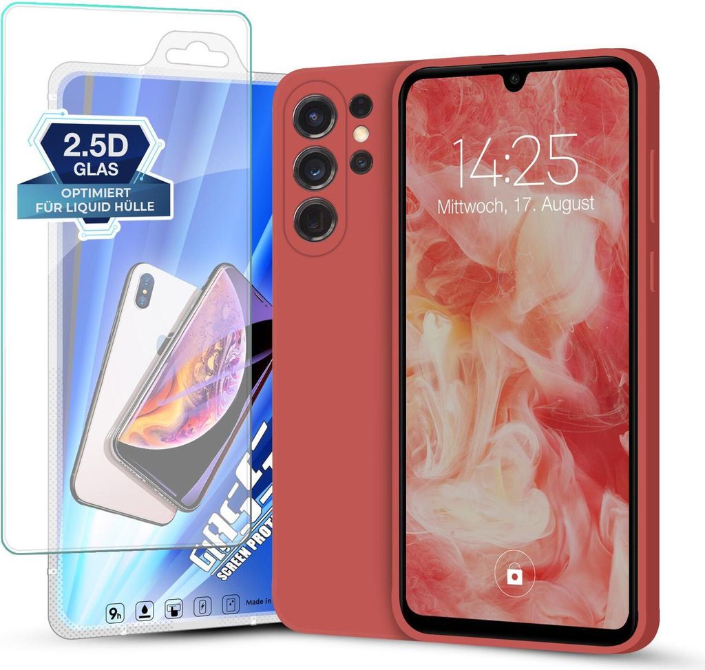 Hülle für Samsung Galaxy S24 Ultra mit 9H Displayglas Displayschutz Plus Case Cover Bumper Silikon Softgrip Schutzhülle Farbe: Rot