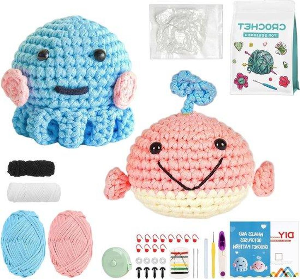 Häkel-Set für Anfänger – komplettes Häkelnadelset mit kinderleicht zu verarbeitendem Garn – Füllung aus Polyesterfasern – Handnadel – ...