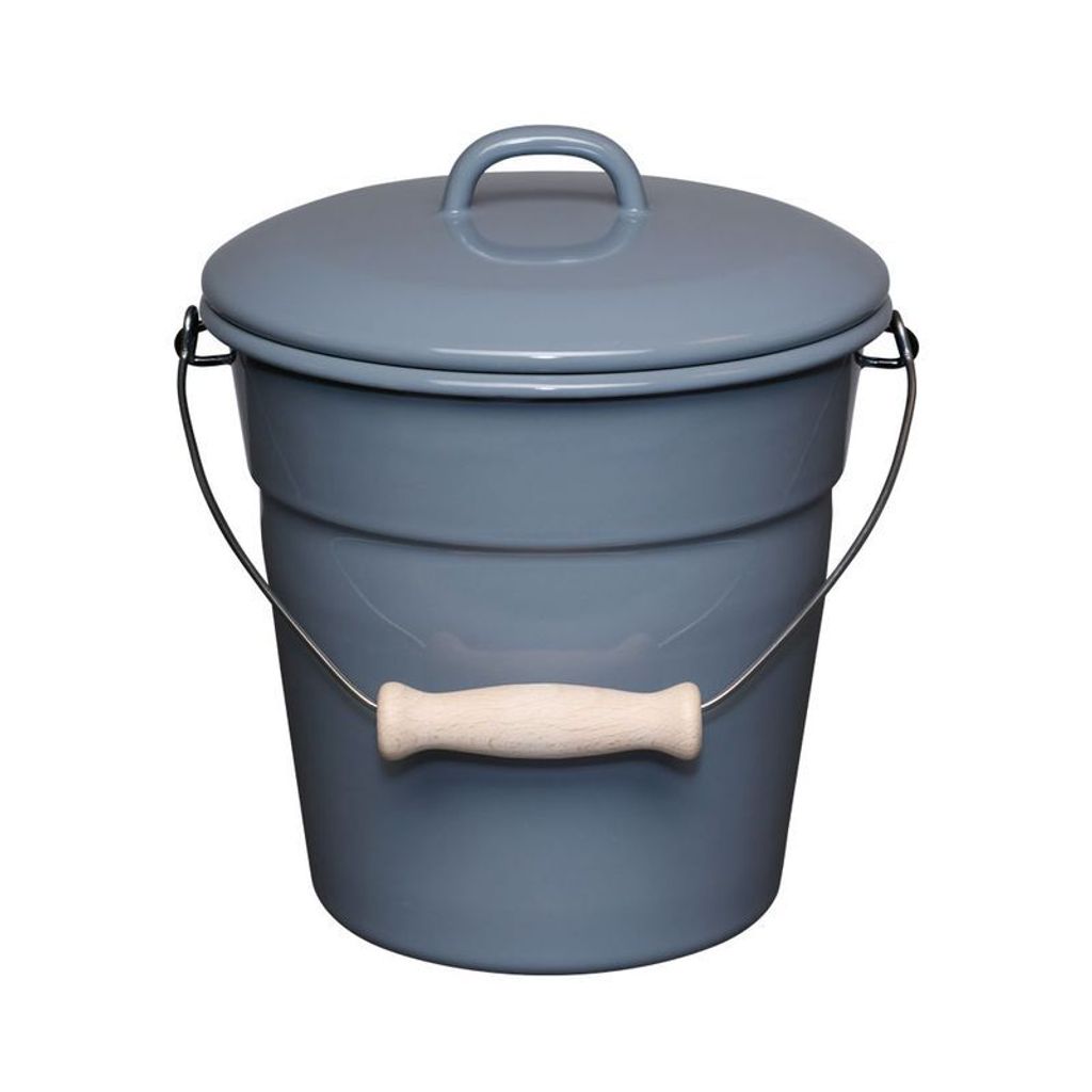 A gray bucket with a lid and a wooden handle is shown against a white background.