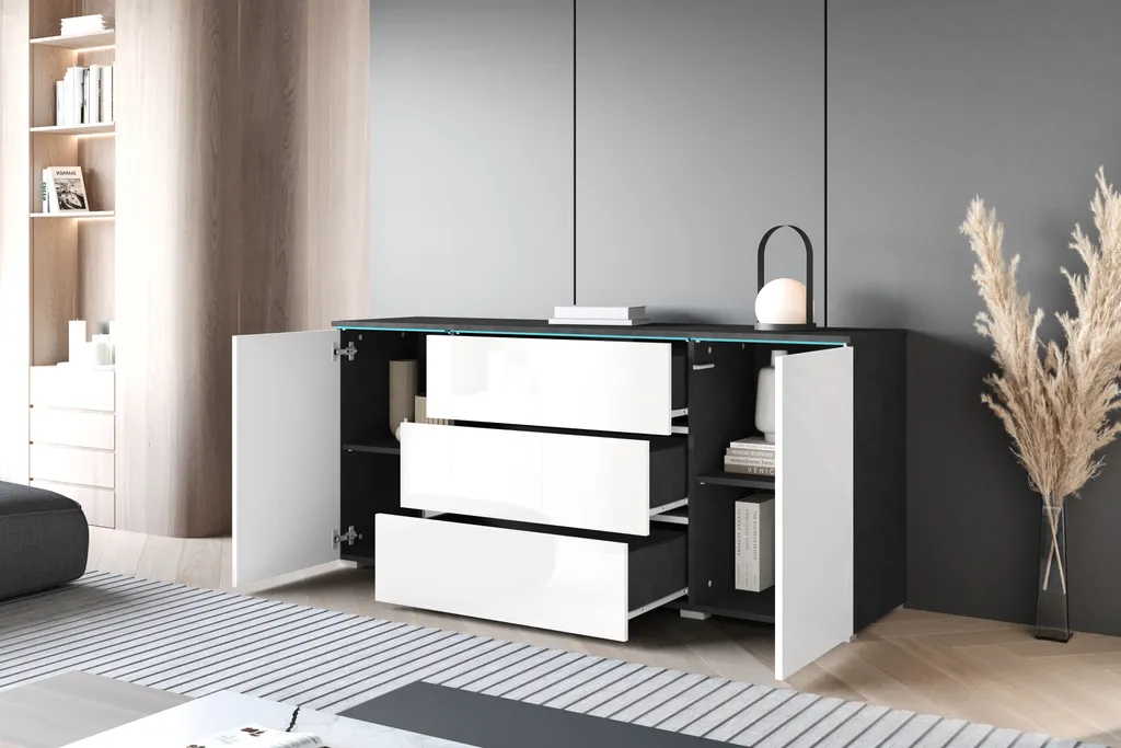 Commode design 150 cm bicolore (blanc brillant/matera) - Collection VEVE - 3