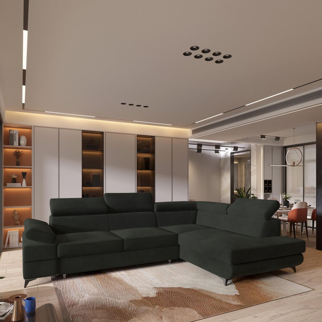 Masseno Ecksofa FAVIEN R-S mit Schlaffunktion L-Form, Sofa mit Bettkasten, Wohnzimmersofa, Couch, Soffa, Bettsofa, Couchgarnitur- Schwarz, MONOLITH 95