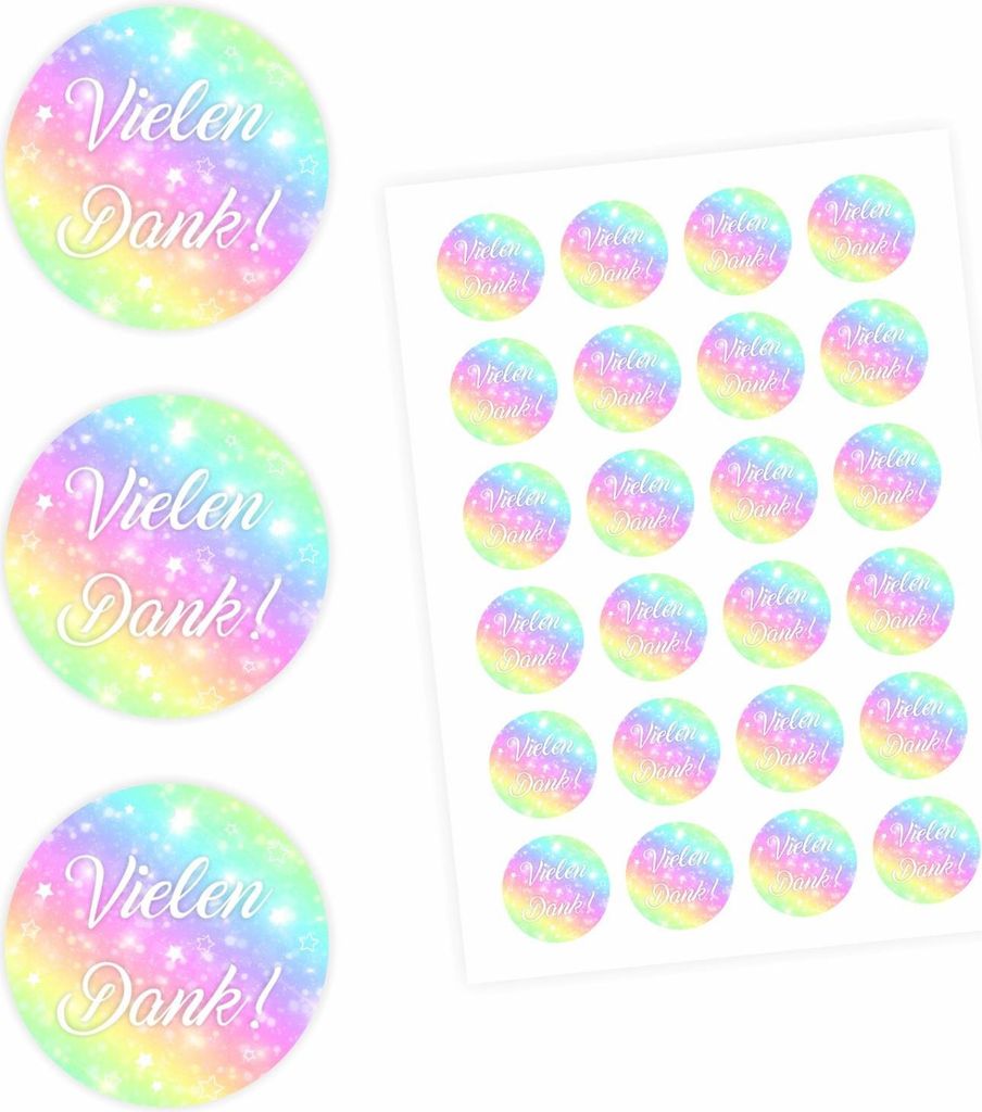 24 Vielen Dank! Aufkleber - Regenbogen - rund 4 cm Ø - Dankeaufkleber Sticker Hochzeit Gastgeschenk