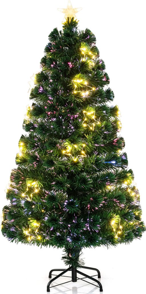 COSTWAY Künstlicher Weihnachtsbaum 150cm mit Sternspitze, 24 warmweißen LEDs & 170 Zweigspitzen, Tannenbaum aus Glasfaser, Christbaum Kunstbaum