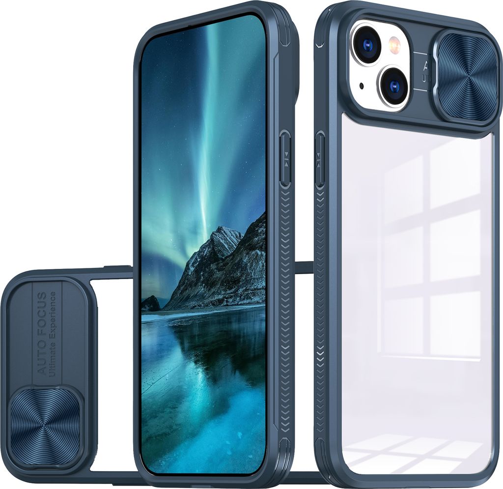Hülle für iPhone 15 Plus Transparent TPU Bumper Schutzhülle mit Schiebe Kamera Schutz Blau