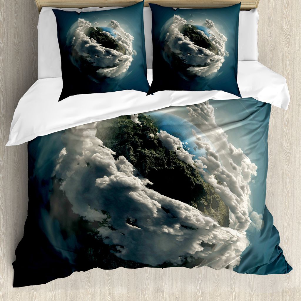 ABAKUHAUS Erde Bettbezug, Planet Majestic Wolken, Milbensicher Allergiker geeignet mit Kissenbezügen, 200 cm x 200 cm - 80 x 80 cm, Petrol Blau Weiß