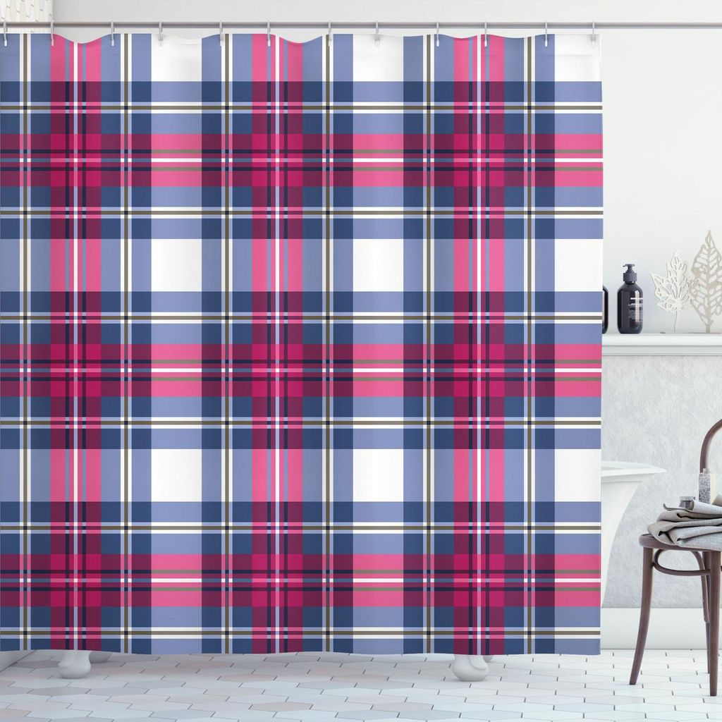 ABAKUHAUS Abstrakt Duschvorhang, Plaid-Muster mit Vintage schottischen Effekte Artsy Illustration Art, 175 x 180 cm, Rosa Dunkelblau