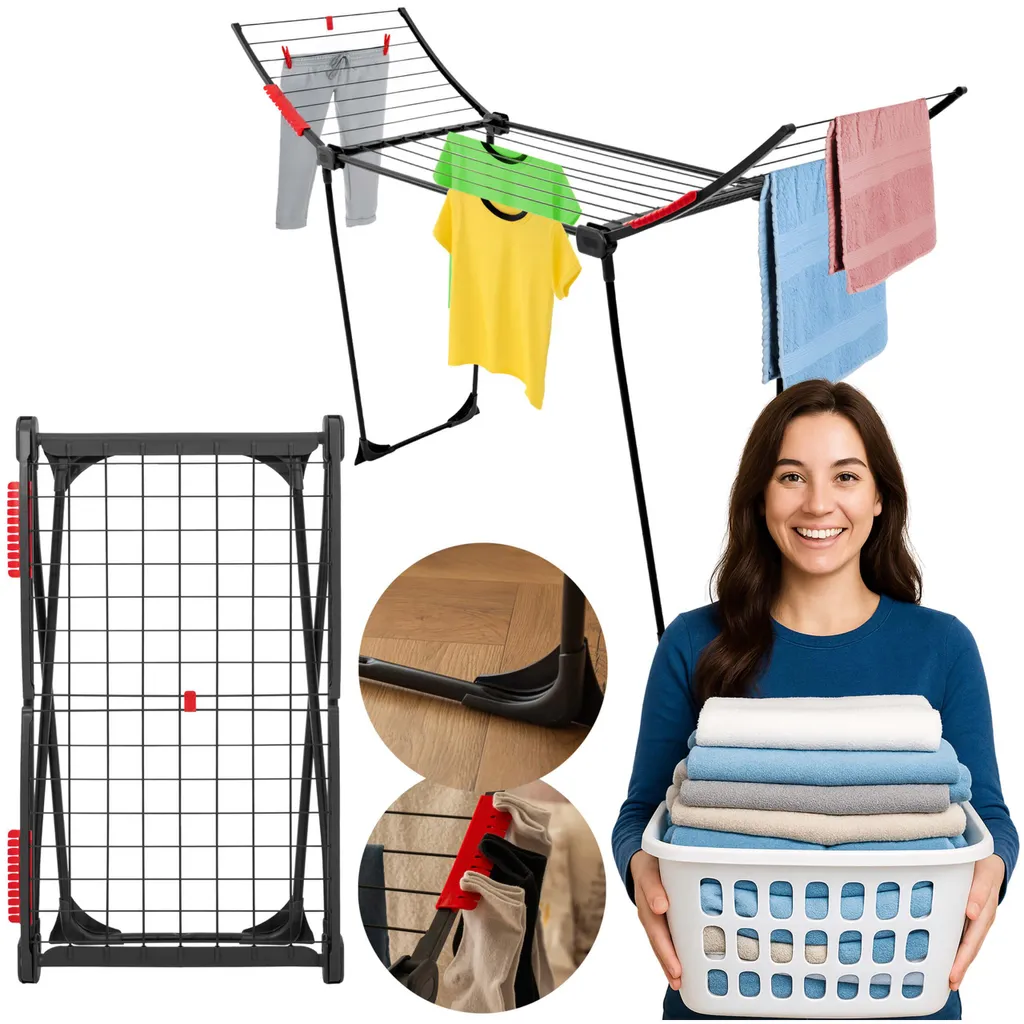 Étendoir à Linge Grand Format 16m Noir - Séchoir Pliable Multi-Positions
