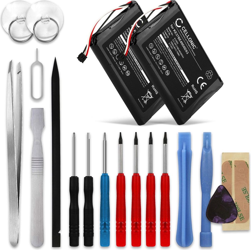 CELLONIC 2x Akku für Navigation Kompatibel mit Garmin Edge 800, Edge 810, Edge Touring, KE37BE49D0DX3 - (1000mAh, 3.7V) + Werkzeug-Set