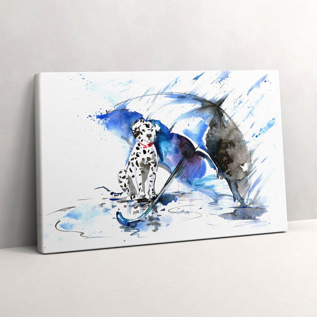 Aquarellierter Dalmatiner unter einem Regenschirm – Leinwandbild Wandbild – 30x20 cm – Leinwandbilder – Wandbilder – Schlafzimmer – Flur