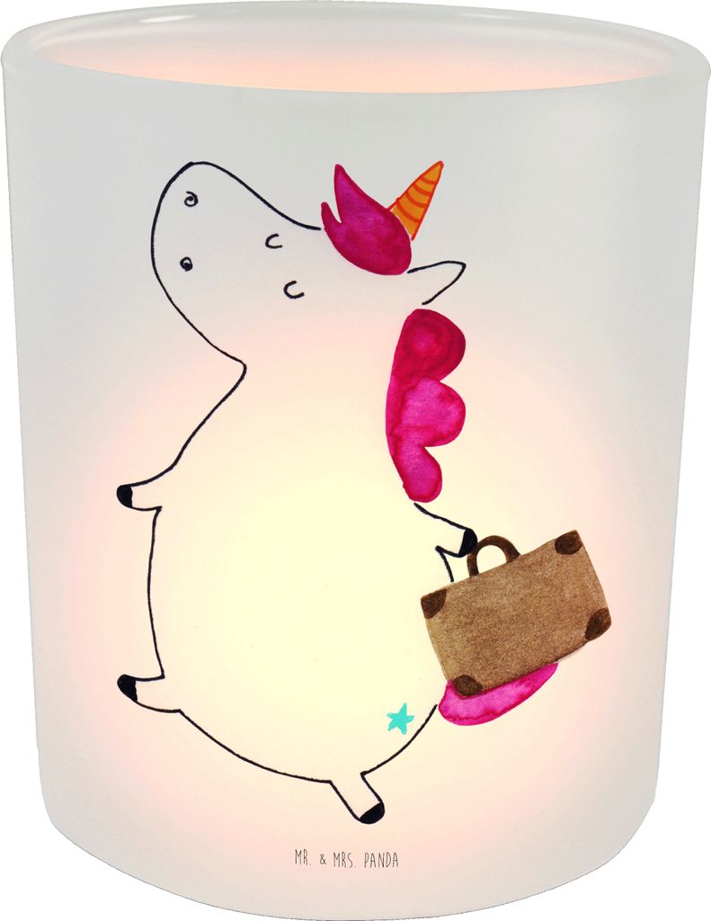 Mr. & Mrs. Panda Windlicht Glas Einhorn Koffer - Transparent - Geschenk, Teelichthalter, Einhörner, Outdoor, Kerzenhalter, aus, Erwachsen, Reise, ...