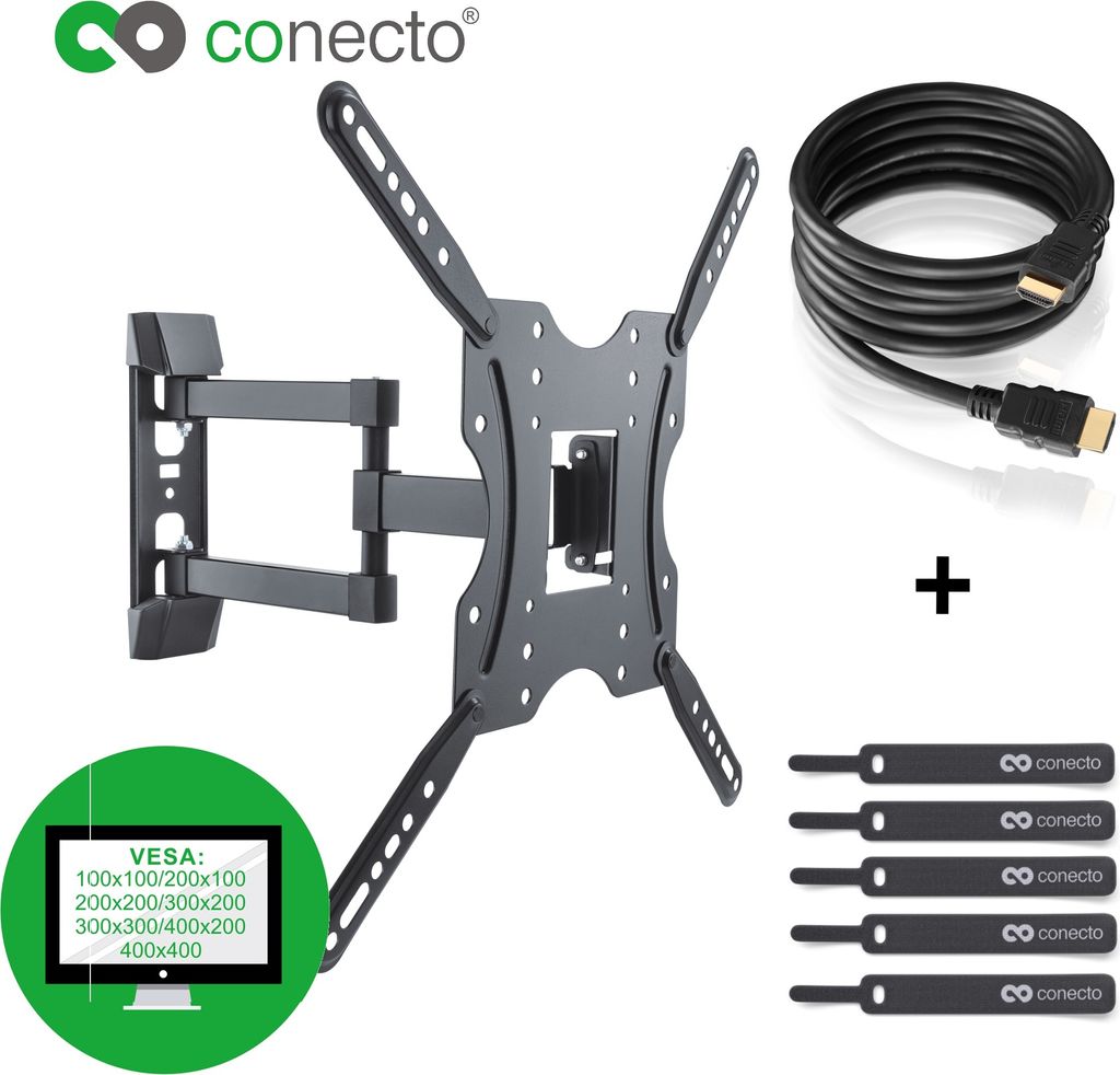 conecto CC50279 Wandhalterung für TV Geräte mit 81-140 cm (32-55 Zoll), neigbar: -10° bis 3°, schwenkbar: -90° bis 90°, Wandabstand: 62-422mm...