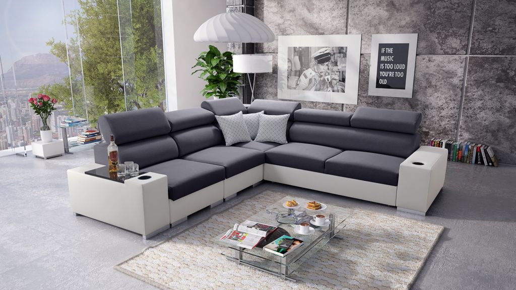 Ecksofa mit Schlaffunktion Eckcouch PERS III Sofa Links Grau Stoff Sawana 96 + weißes Kunstleder