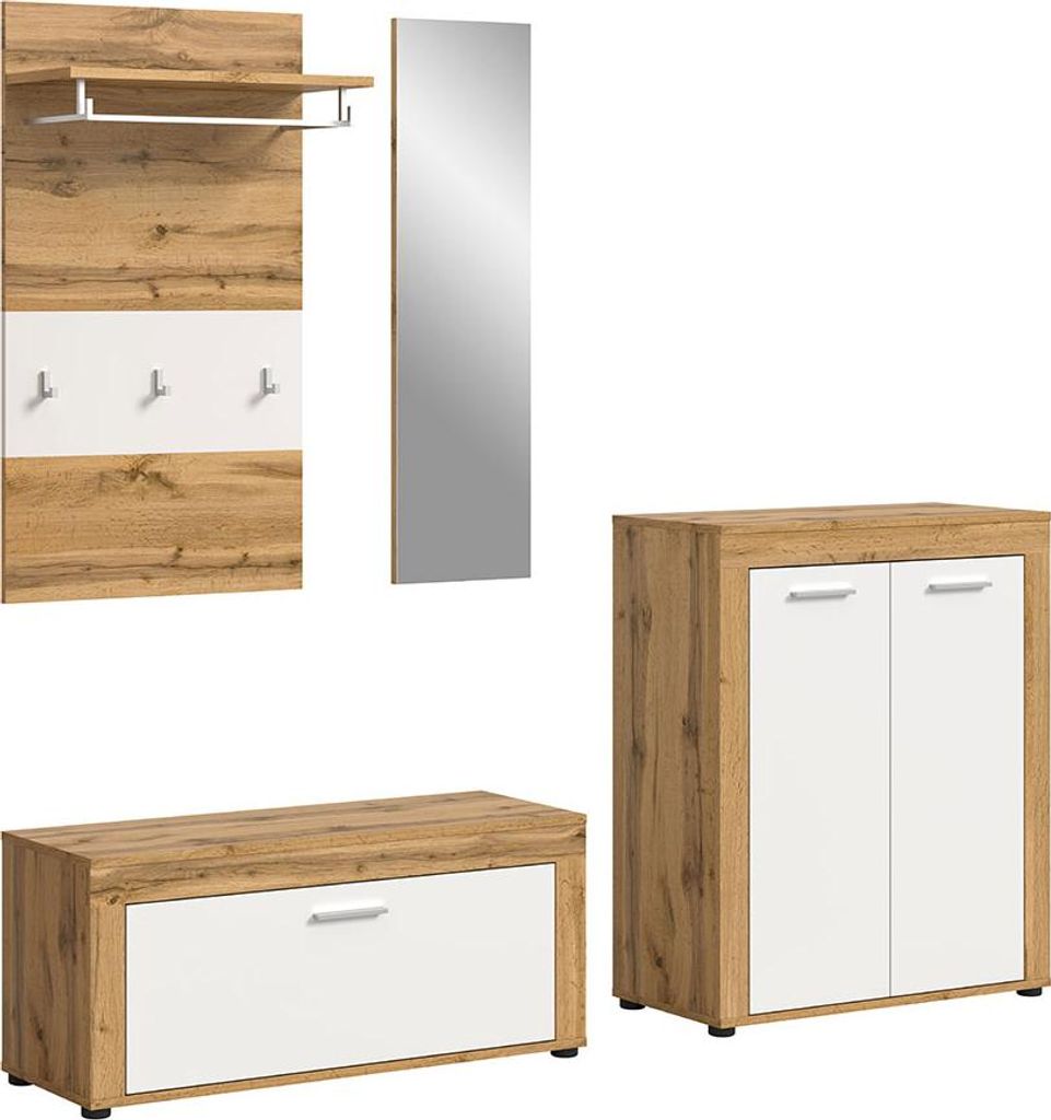 Jam Garderobenmöbel Set 4 Teile weiß, Eiche Nachbildung.