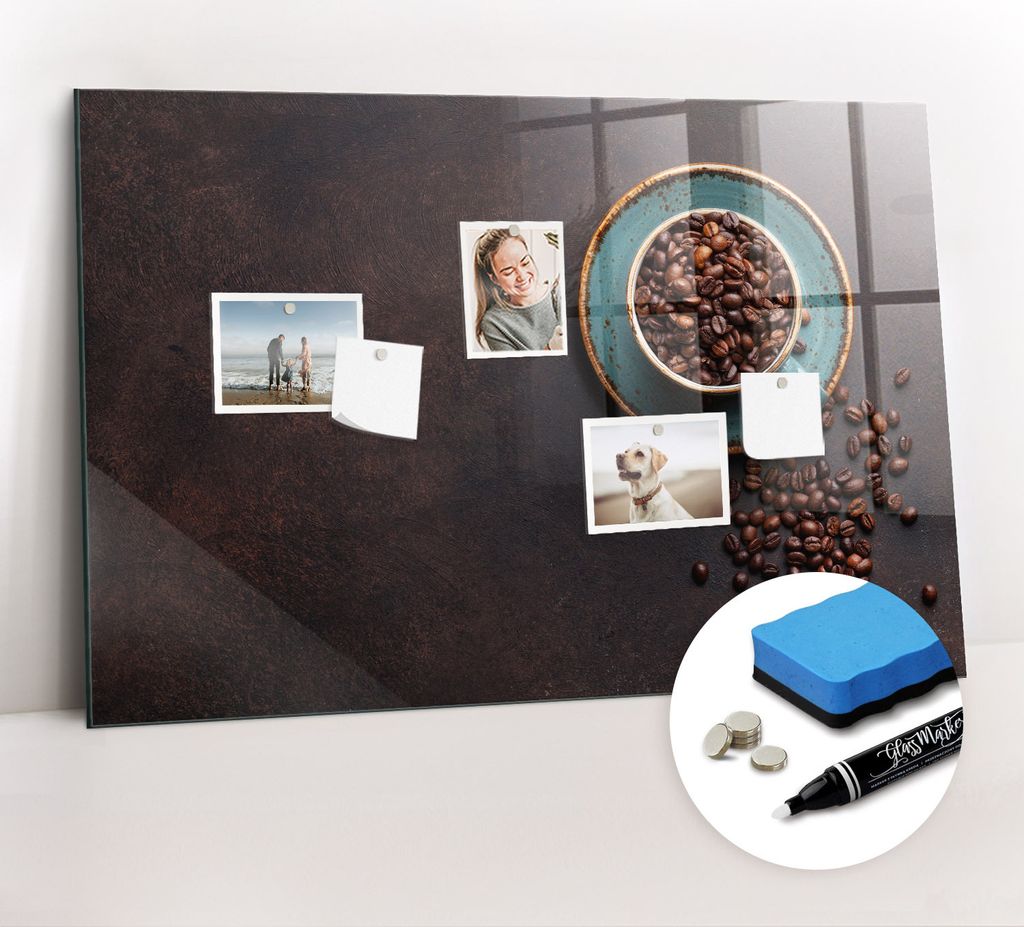 Magnetpinnwand Memoboard - Zubehörsatz - Weißer Marker + Schwamm + Magnete - 90 x 60 cm - Tasse Kaffee