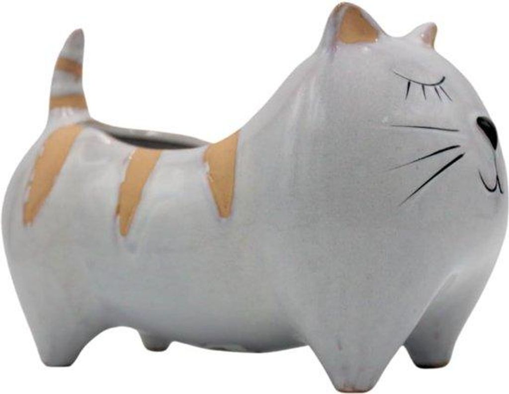 Keramische Pflanzpflanze dekorativer Skala - Kat Muster hellgrau - 21x12x14 cm